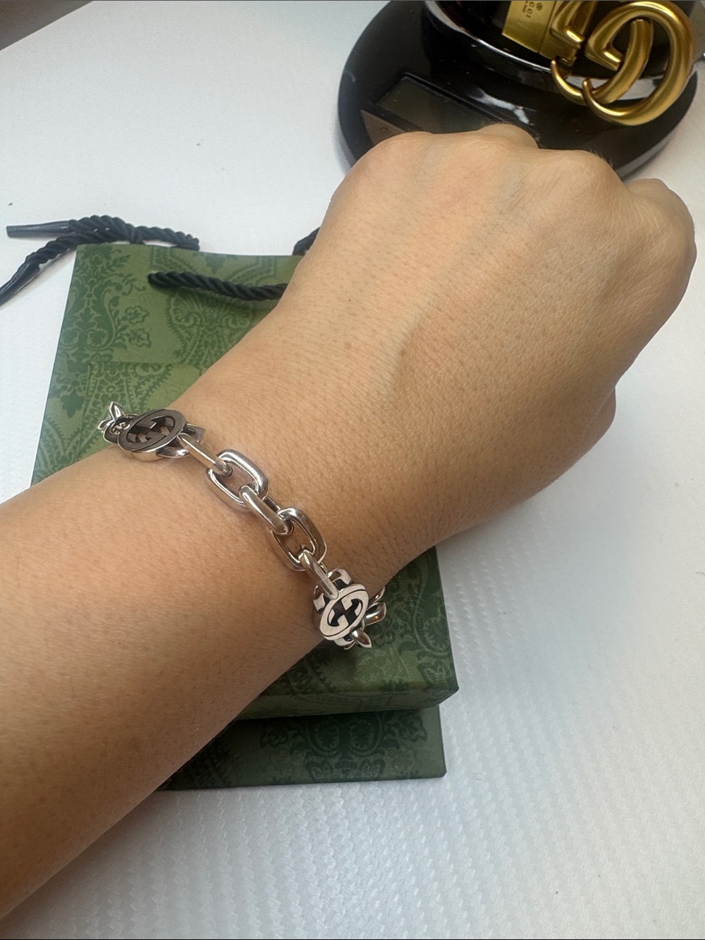 Gucci Silver-Tone Interlocking G Link Bracelet